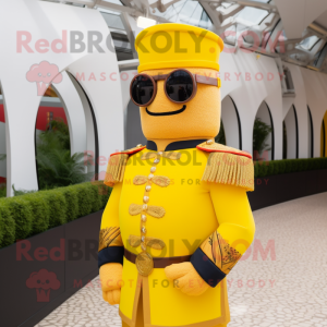 Yellow British Royal Guard mascot costume character dressed with a Sweater and Sunglasses