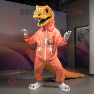 Peach Allosaurus mascot costume character dressed with a Windbreaker and Headbands