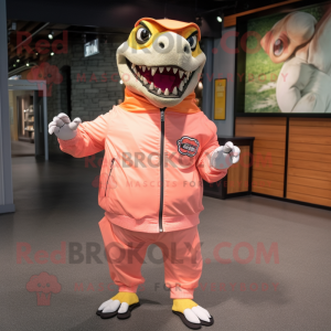 Peach Allosaurus mascot costume character dressed with a Windbreaker and Headbands