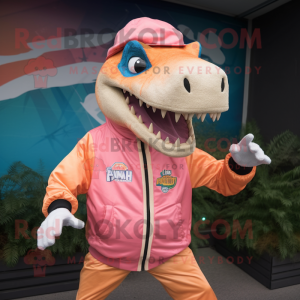 Peach Allosaurus mascot costume character dressed with a Windbreaker and Headbands