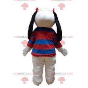 White and black dog mascot with a striped sweater -