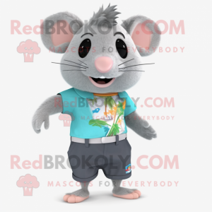 Gray Hamster mascot costume character dressed with a Bermuda Shorts and Hair clips