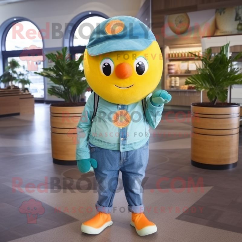 Cyan Grapefruit mascot costume character dressed with a Jeans and Headbands