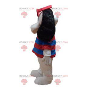 White and black dog mascot with a striped sweater -