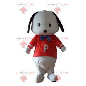 Small black and white dog mascot with a red t-shirt -