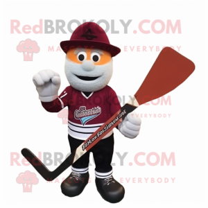 Maroon Ice Hockey Stick mascot costume character dressed with a Henley Tee and Beanies