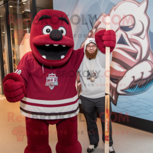 Maroon Ice Hockey Stick mascot costume character dressed with a Henley Tee and Beanies