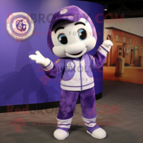 Lavender Plate Spinner mascot costume character dressed with a Bomber Jacket and Foot pads