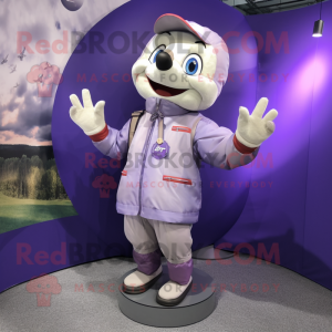 Lavender Plate Spinner mascot costume character dressed with a Bomber Jacket and Foot pads