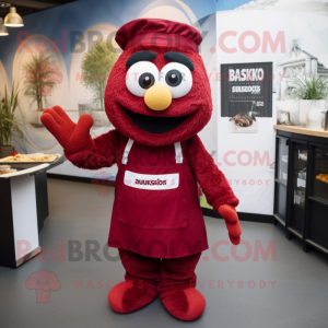 Maroon Shakshuka mascot costume character dressed with a Dungarees and Clutch bags