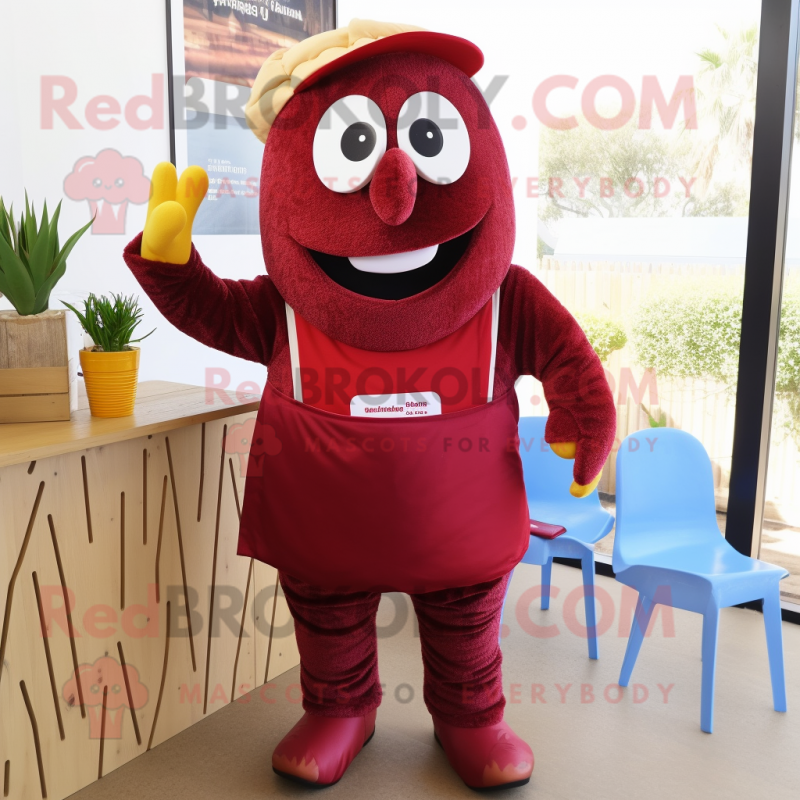Maroon Shakshuka mascot costume character dressed with a Dungarees and Clutch bags Maroon Shakshuka mascot costume character dressed with a Dungarees and Clutch bags