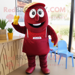 Maroon Shakshuka mascot costume character dressed with a Dungarees and Clutch bags