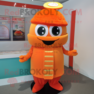 Orange Sushi mascot costume character dressed with a Turtleneck and Hat pins