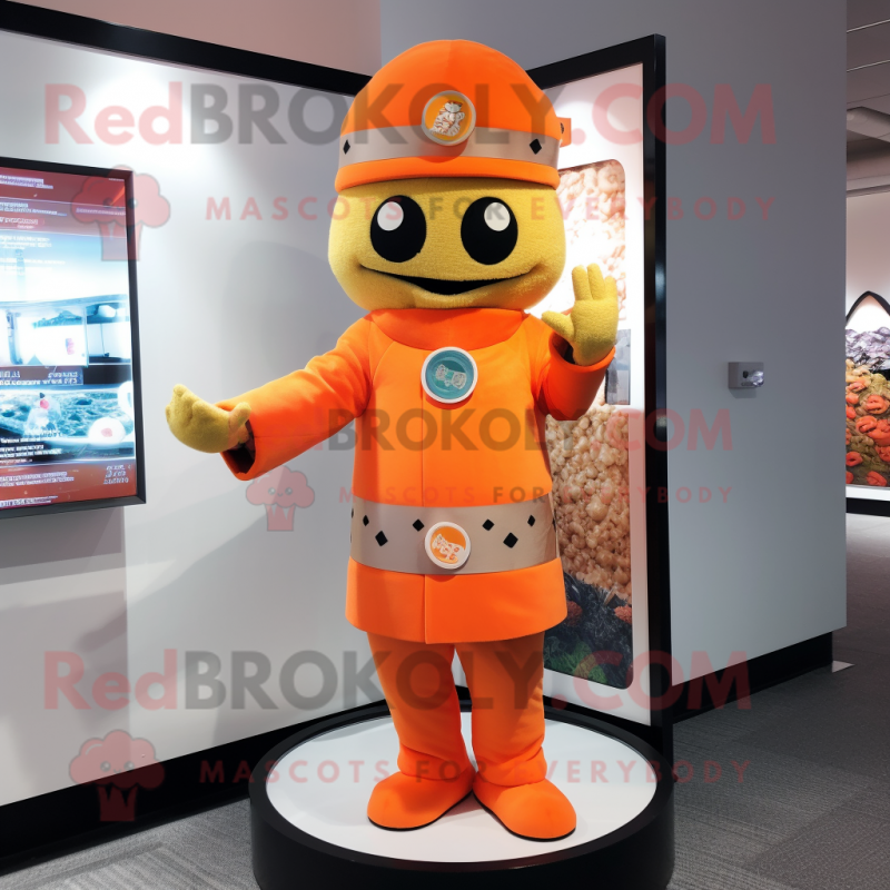 Orange Sushi mascot costume character dressed with a Turtleneck and Hat pins Orange Sushi mascot costume character dressed with a Turtleneck and Hat pins