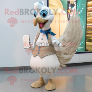 Cream Peacock mascot costume character dressed with a Dress Shirt and Clutch bags