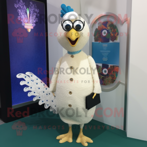 Cream Peacock mascot costume character dressed with a Dress Shirt and Clutch bags