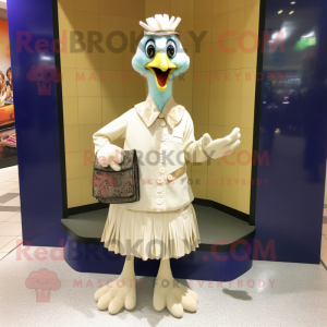 Cream Peacock mascot costume character dressed with a Dress Shirt and Clutch bags