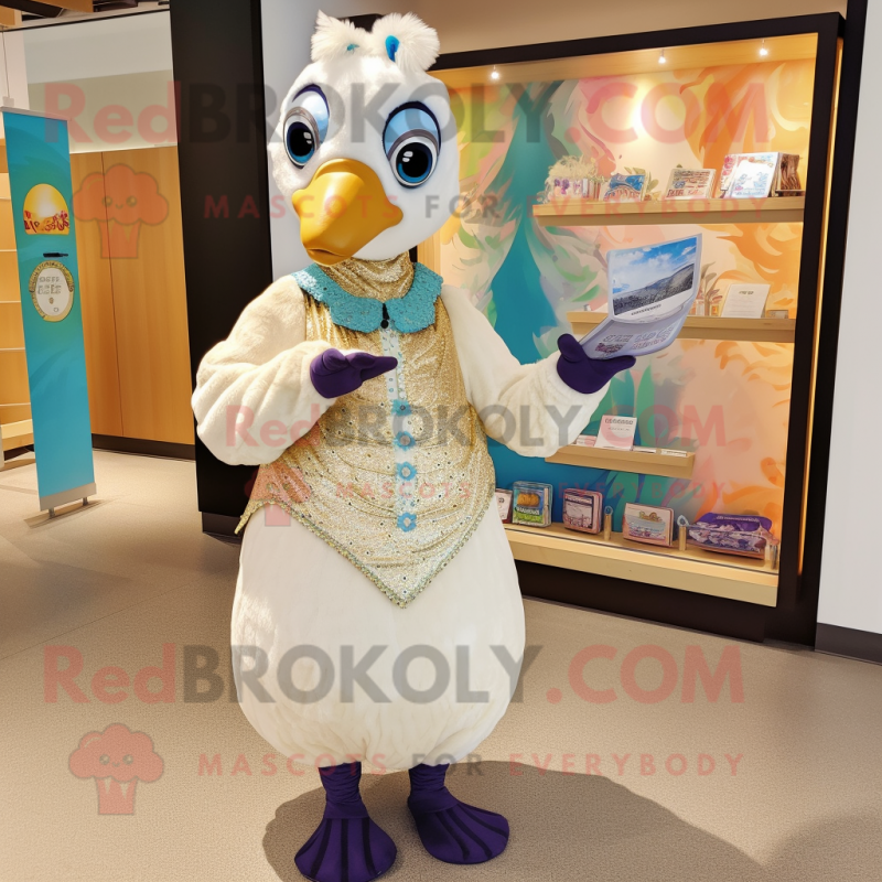 Cream Peacock mascot costume character dressed with a Dress Shirt and Clutch bags