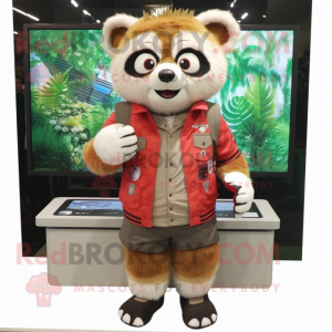 Beige Red Panda mascot costume character dressed with a Bermuda Shorts and Digital watches