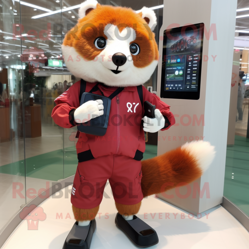 Beige Red Panda mascot costume character dressed with a Bermuda Shorts and Digital watches