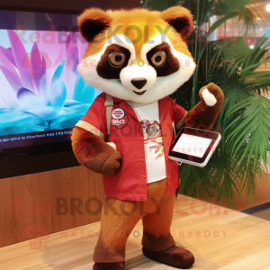 Beige Red Panda mascot costume character dressed with a Bermuda Shorts and Digital watches