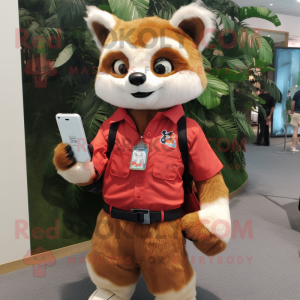 Beige Red Panda mascot costume character dressed with a Bermuda Shorts and Digital watches