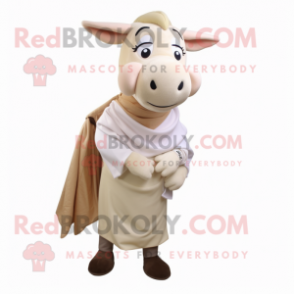 Beige Zebu mascot costume character dressed with a Blouse and Scarf clips