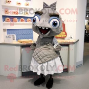 Gray Fish And Chips mascot costume character dressed with a A-Line Skirt and Shoe clips