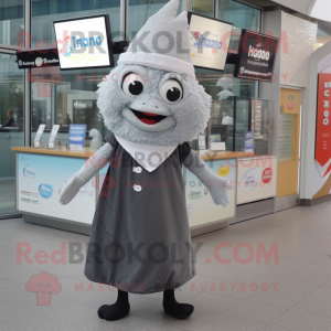 Gray Fish And Chips mascot costume character dressed with a A-Line Skirt and Shoe clips