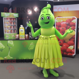 Lime Green Chocolate Bars mascot costume character dressed with a Cocktail Dress and Shawls