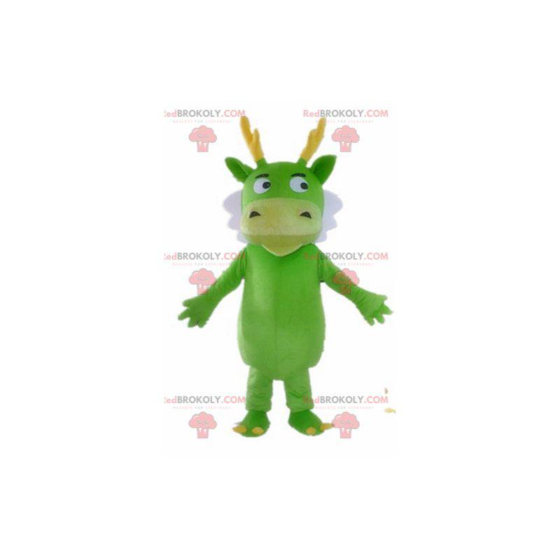 Mascote dragão verde criatura branca e verde amarela -