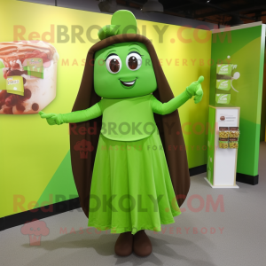 Lime Green Chocolate Bars mascot costume character dressed with a Cocktail Dress and Shawls