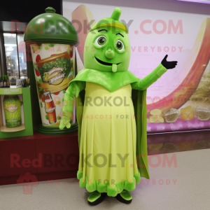 Lime Green Chocolate Bars mascot costume character dressed with a Cocktail Dress and Shawls