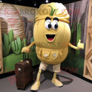 Gold Onion mascot costume character dressed with a Cargo Shorts and Briefcases