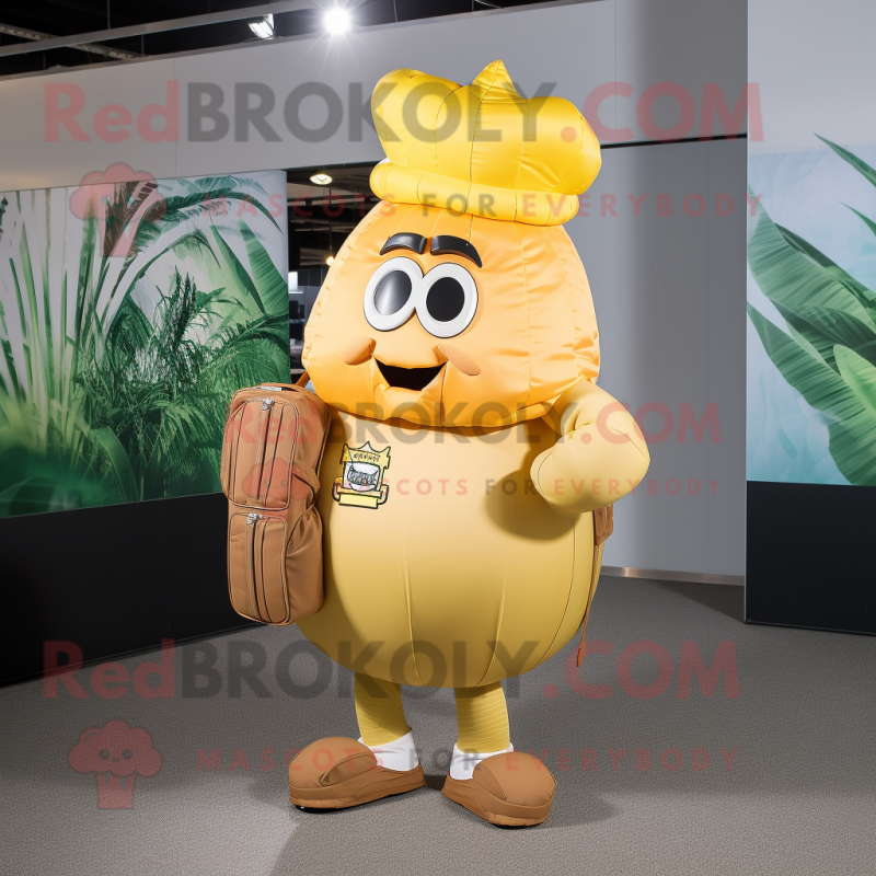 Gold Onion mascot costume character dressed with a Cargo Shorts and Briefcases