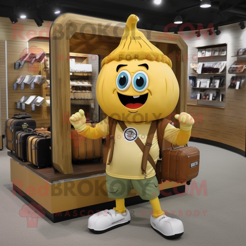 Gold Onion mascot costume character dressed with a Cargo Shorts and Briefcases Gold Onion mascot costume character dressed with a Cargo Shorts and Briefcases