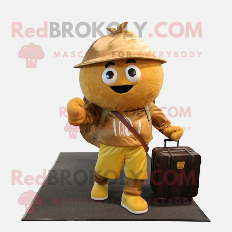 Gold Onion mascot costume character dressed with a Cargo Shorts and Briefcases