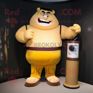 Gold Strongman mascot costume character dressed with a Corduroy Pants and Watches