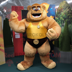Gold Strongman mascot costume character dressed with a Corduroy Pants and Watches
