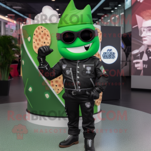 Forest Green Ice Cream Cone mascot costume character dressed with a Biker Jacket and Smartwatches