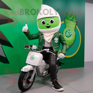 Forest Green Ice Cream Cone mascot costume character dressed with a Biker Jacket and Smartwatches