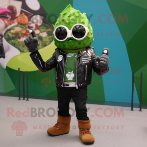 Forest Green Ice Cream Cone mascot costume character dressed with a Biker Jacket and Smartwatches