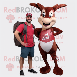Maroon Gazelle mascot costume character dressed with a Cargo Shorts and Backpacks