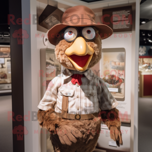 Brown Chicken mascot costume character dressed with a Button-Up Shirt and Hat pins