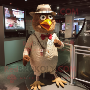 Brown Chicken mascot costume character dressed with a Button-Up Shirt and Hat pins