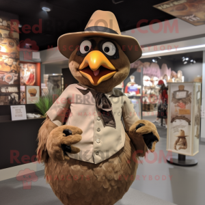 Brown Chicken mascot costume character dressed with a Button-Up Shirt and Hat pins