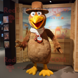 Brown Chicken mascot costume character dressed with a Button-Up Shirt and Hat pins