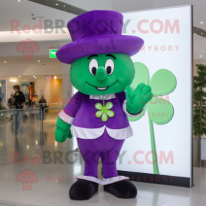 Purple Four Leaf Clover mascot costume character dressed with a Jeggings and Hats