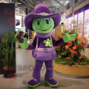 Purple Four Leaf Clover mascot costume character dressed with a Jeggings and Hats