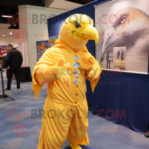 Yellow Bald Eagle mascot costume character dressed with a Jumpsuit and Shawl pins